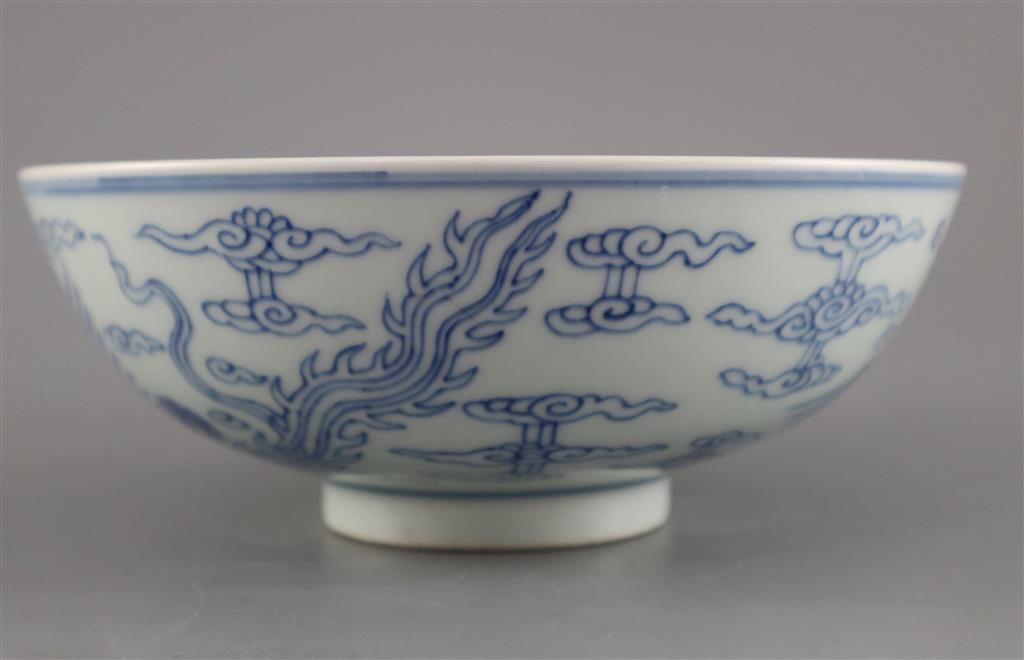 A Chinese blue and white double phoenix bowl, Chenghua mark, possibly 18th century, 19cm diameter